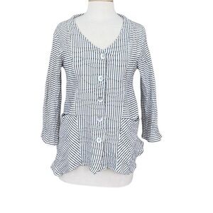 Linnea Women's Jacket White Stripped 3/4 Sleeve Textured Pocket Blazer Sz Medium